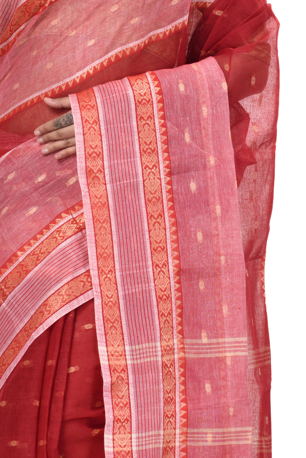 Red Pure Cotton Debdash Tant Saree (353)